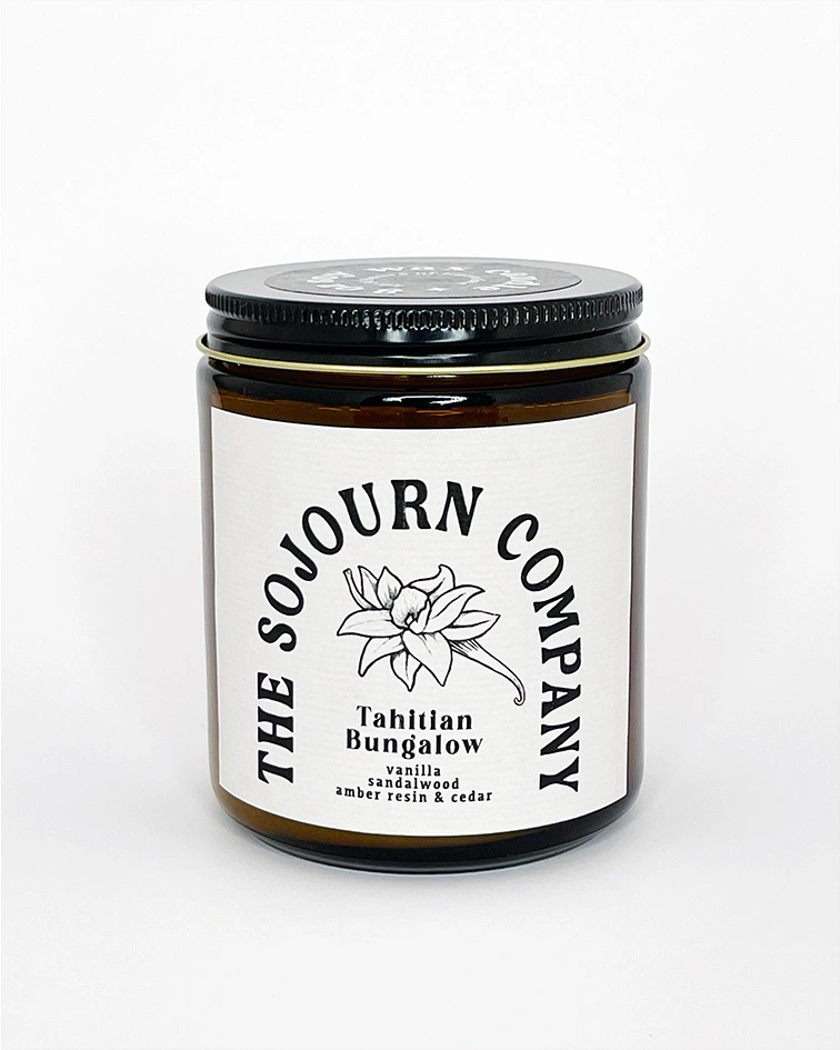 Sojourn Company Tahitian Bungalow Vanilland and Sandalwood 8oz Soy Candles in and Amber Glass Jar